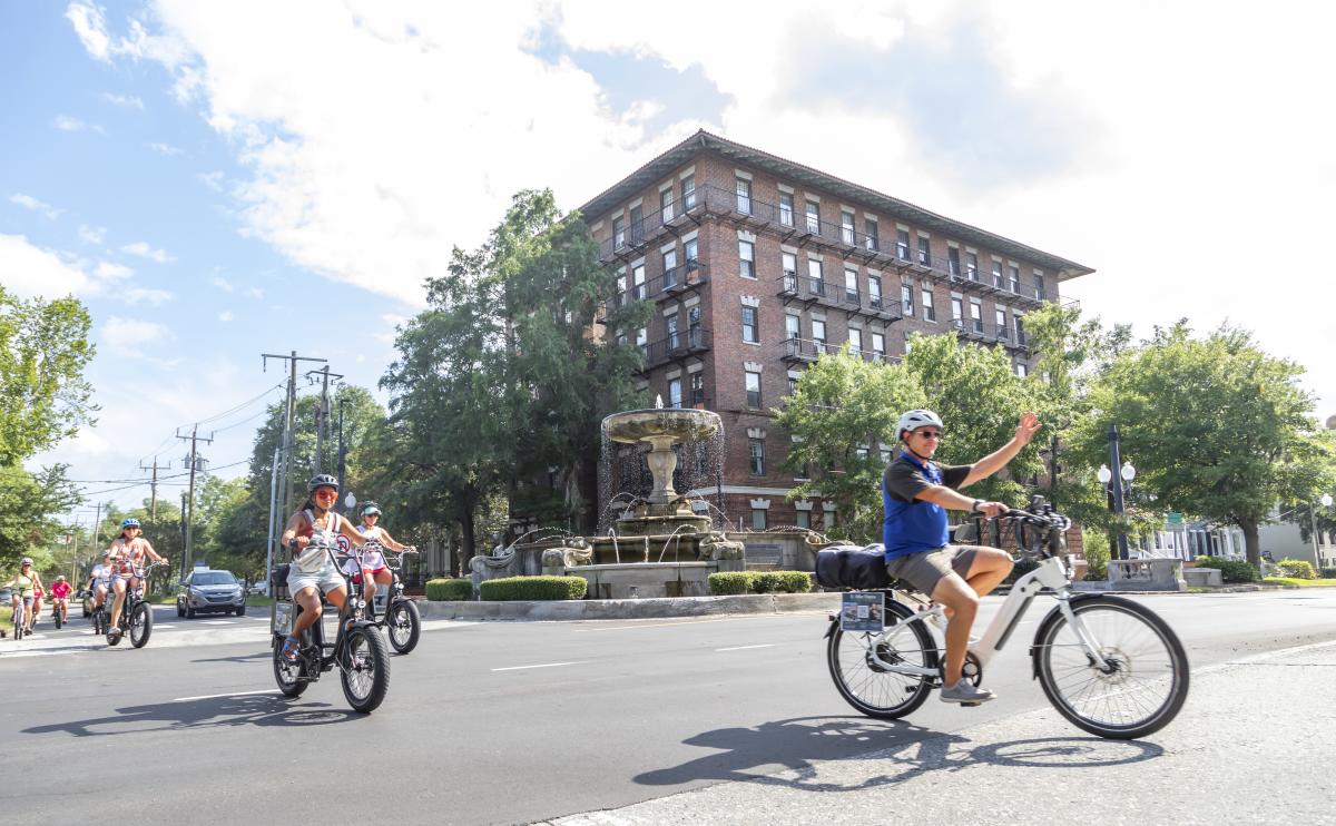 An e-bike tour group in downtown Wilmington