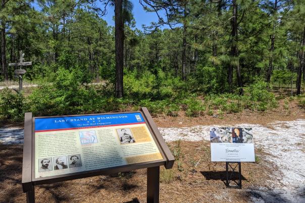 A marker provides info for visitors at the Battle of Forks Road Site.