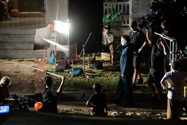 A film crew shoots at night on the streets on Wilmington, NC